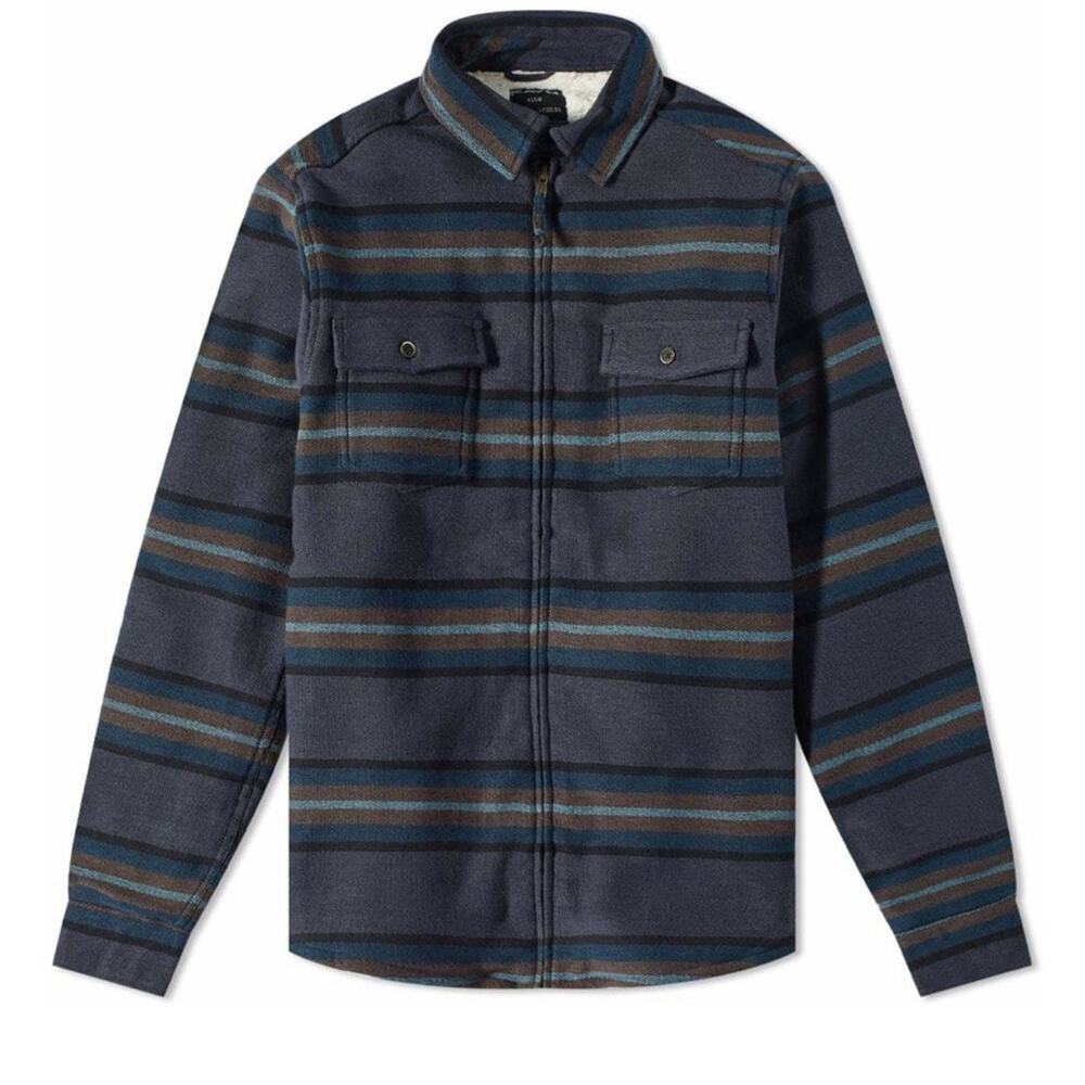 Kavu Eagle Pine Sherpa Lined Jacket Mens Large Blue Stripe Full Zip Shacket